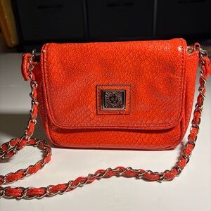 Anne Klein Small Red, Crossbody mini purse, vintage lion logo, snakeskin pattern